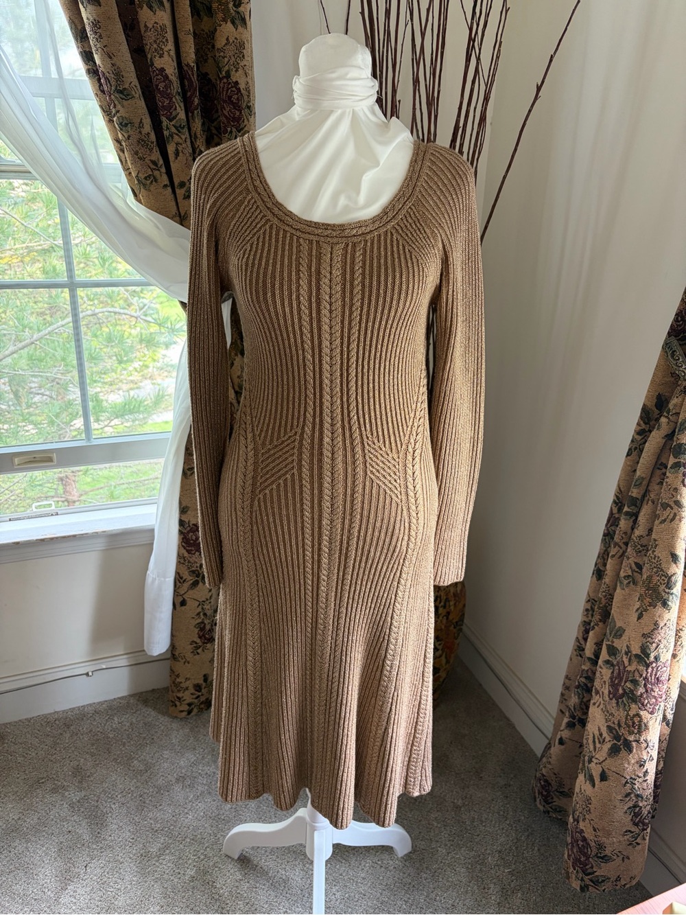 Ralph Lauren Camel Ribbed Cable-Knit Long Sleeve Dress
